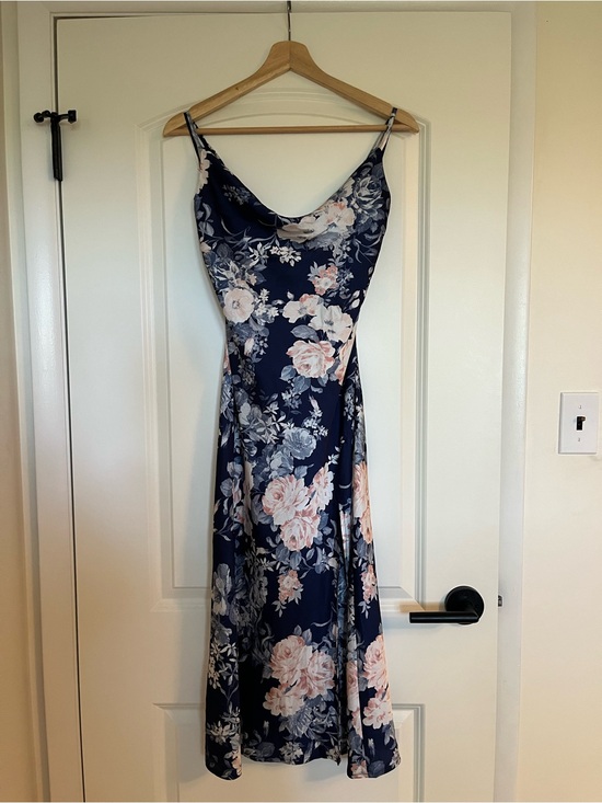 Hello Molly Dresses & Skirts - Dark Blue Floral Cowl Neck Satin Midi Dress